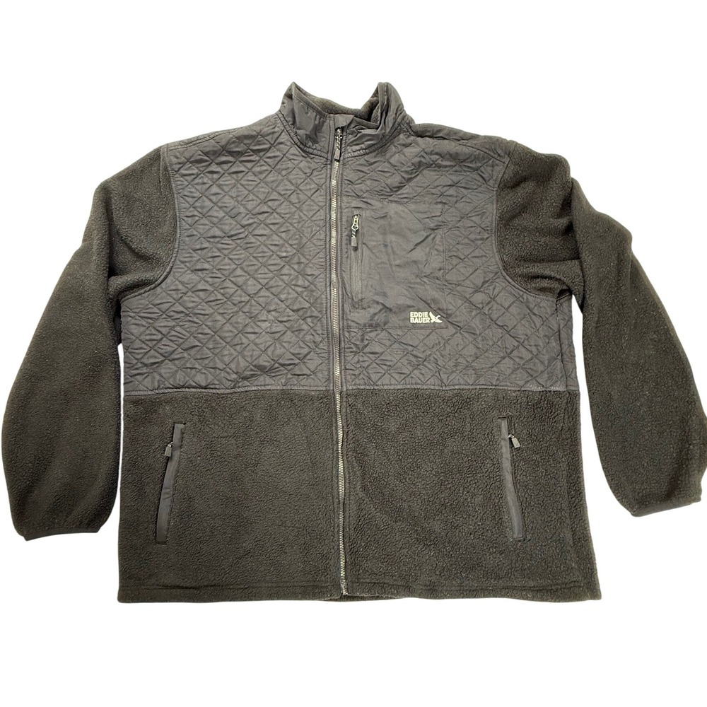 Eddie Bauer Mens XXL Black Quilted Sherpa Fleece Full Zip Hybrid Jacket Coat